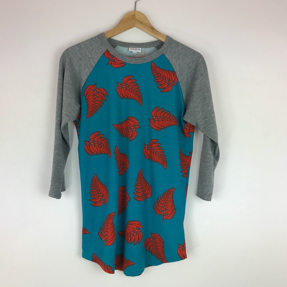 Lularoe Top Womens S Blue Orange Leaf Print Randy Raglan T-Shirt 3/4 Sleeve